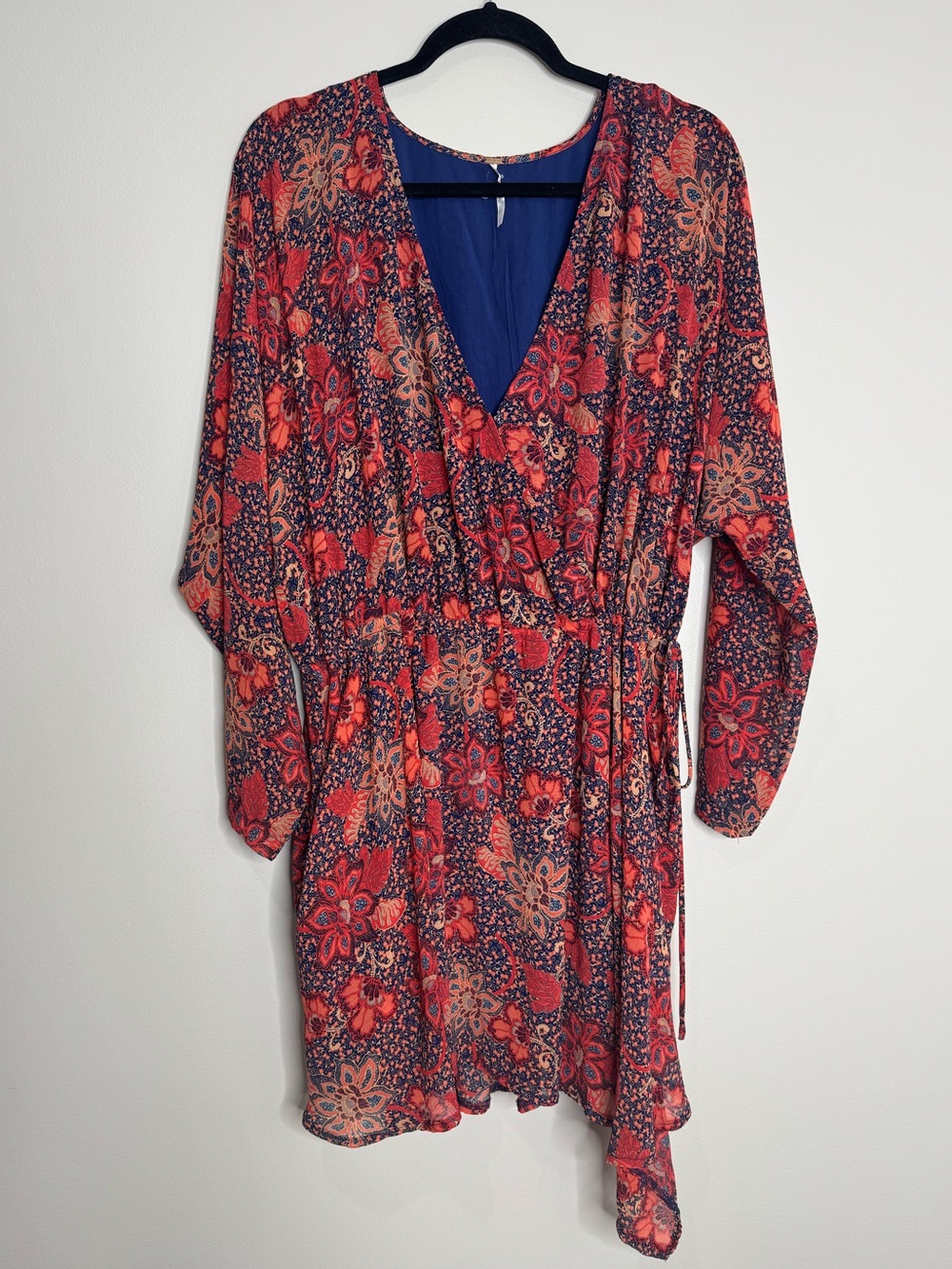 Free People Floral Handkerchief Hem V-neck‎ Long Sheer Sleeve Mini Dress Large